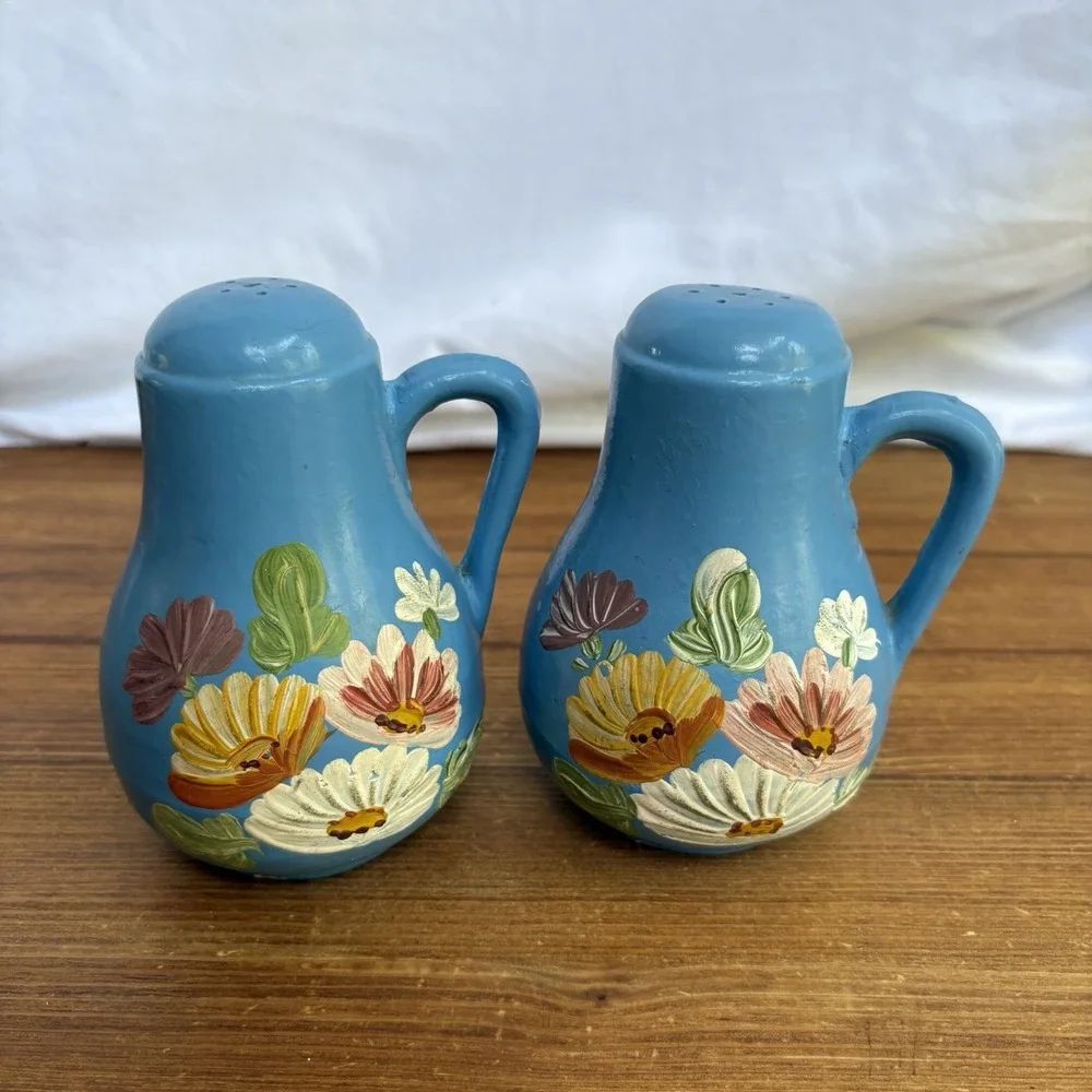 Vintage Ransburg Pottery Blue Floral Hand Painted Salt Pepper Shakers MCM
